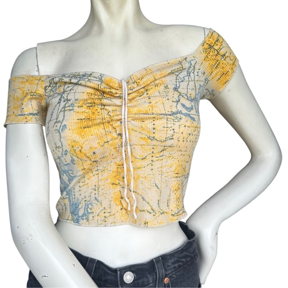 Urban Outfitters "Jocelyn" Ribbed Off Shoulder Yellow & Blue Map Print Crop Top